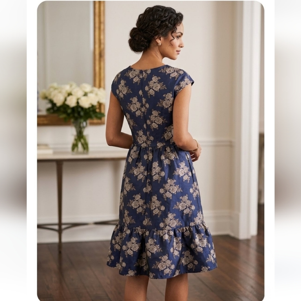 Gal Meets Glam Jenny Wallpaper Navy Blue Rose Floral Ruffle Knee Length Dress - Picture 2 of 12